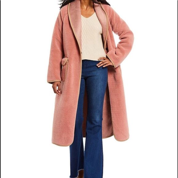 Pink Maxi Cardi Contrast Tape Faux Fur Maxi Coat - Picture 1 of 5